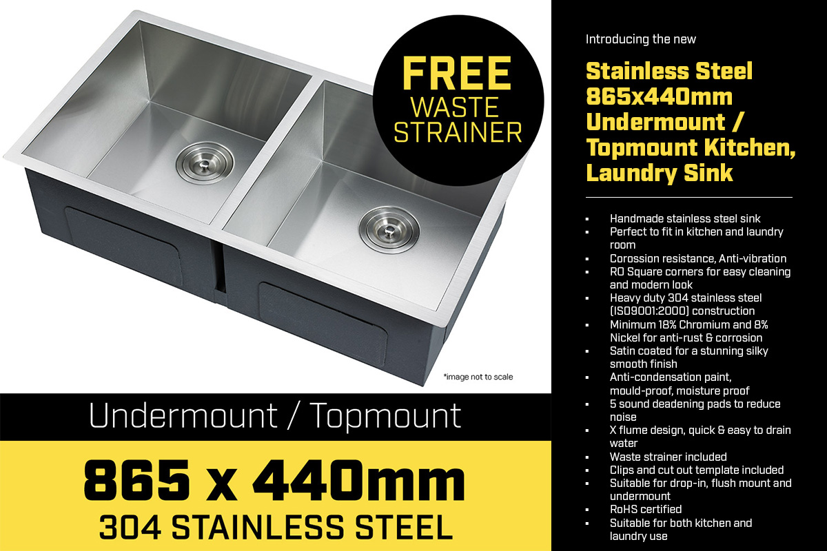 304 Stainless Steel Undermount Topmount Kitchen Laundry Sink 865 x 440mm with free delivery