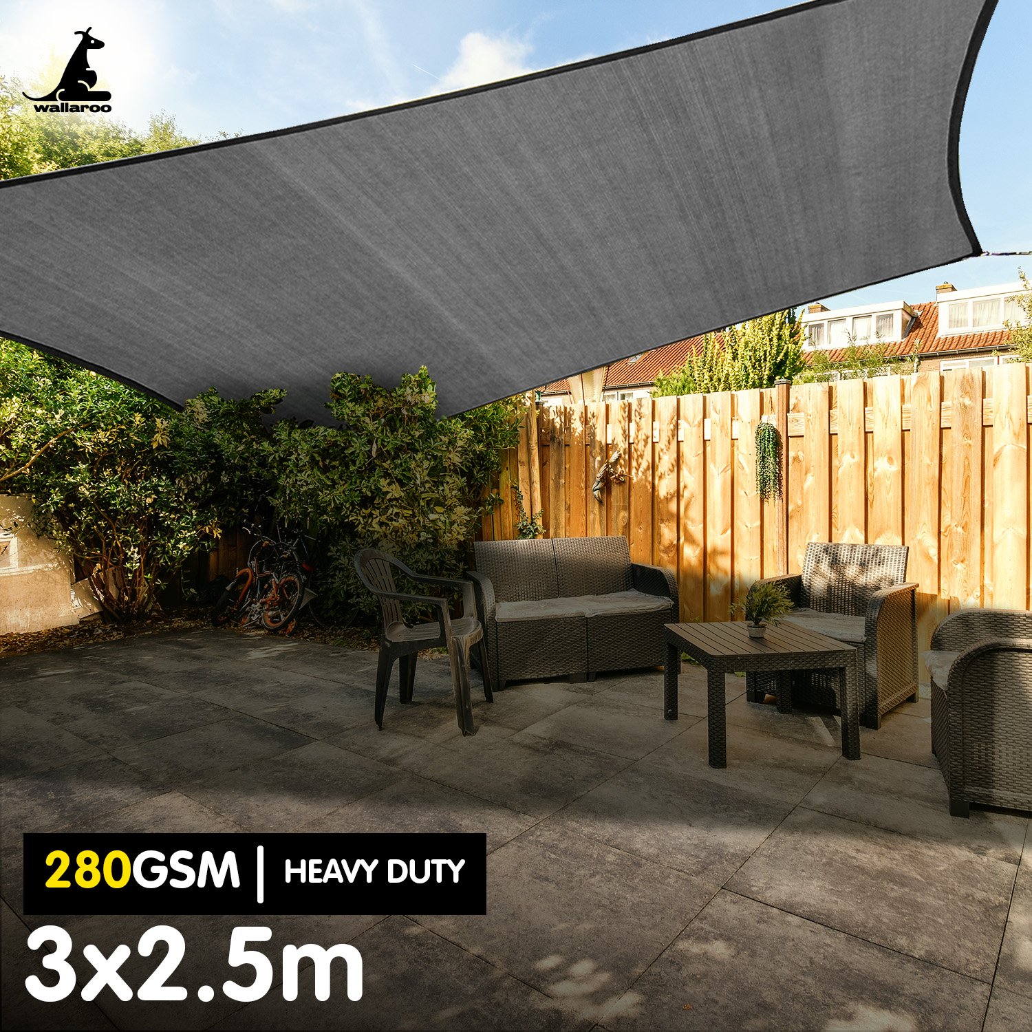 Wallaroo Heavy-Duty 280 GSM Outdoor Sun Shade Sail Canopy Grey Rectangle Square - Picture 8 of 19