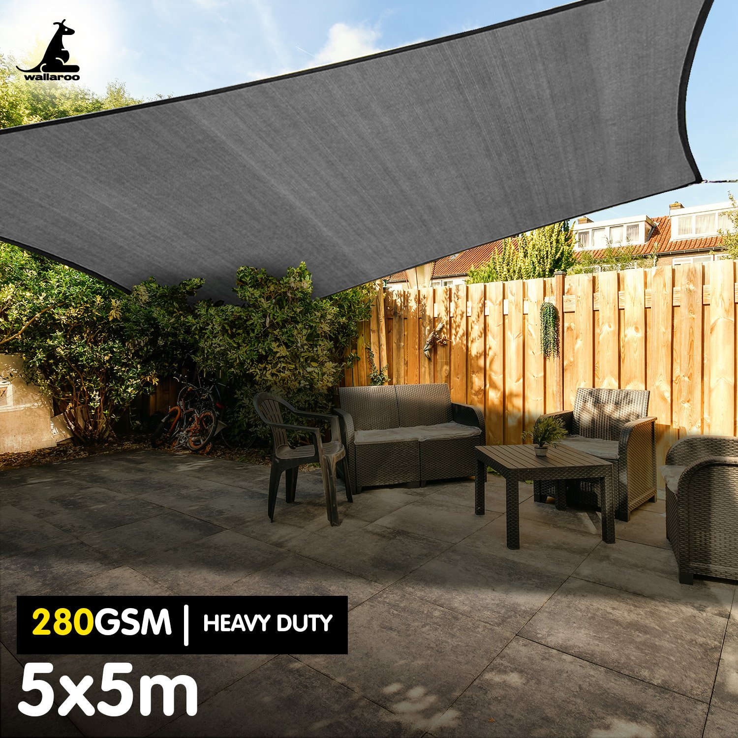 Wallaroo Heavy-Duty 280 GSM Outdoor Sun Shade Sail Canopy Grey Rectangle Square - Picture 17 of 19