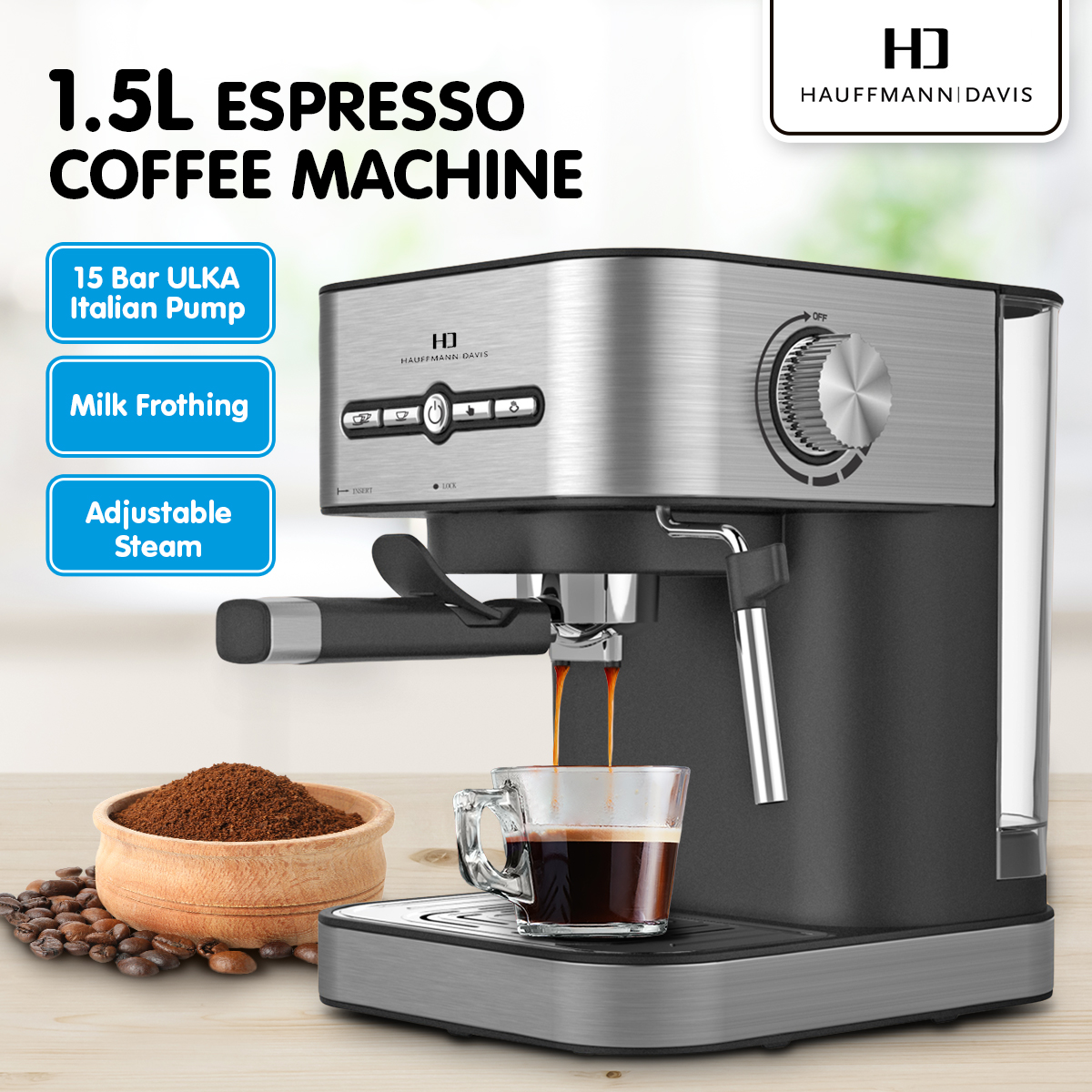 Hauffmann Davis Espresso Coffee Machine Automatic 15 Bar Italian Pump