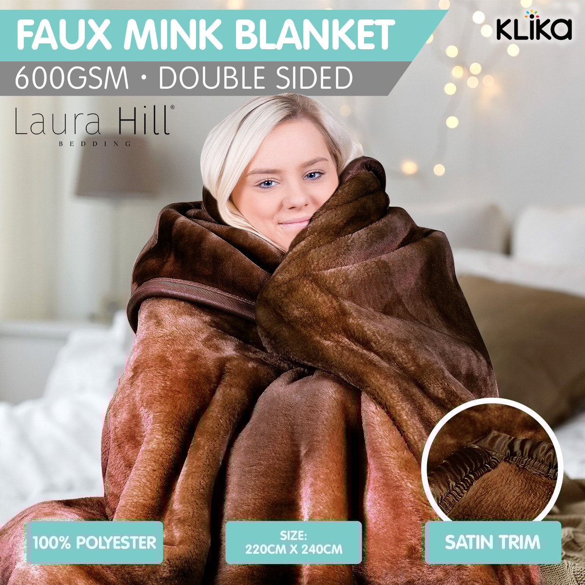 Laura Hill 220 X 240cm Mink Blanket Double Sided Queen Bed Faux Throw Rug 600GSM - Picture 13 of 16