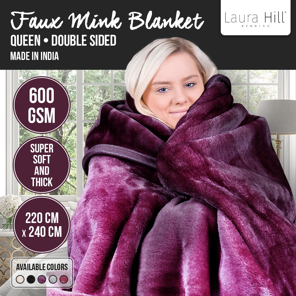 Laura Hill 220 X 240cm Mink Blanket Double Sided Queen Bed Faux Throw Rug 600GSM - Picture 10 of 16