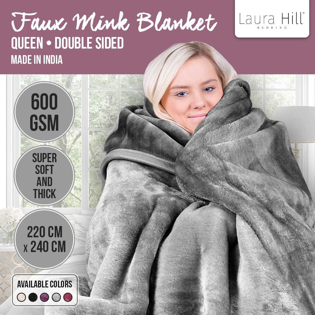 Laura Hill 220 X 240cm Mink Blanket Double Sided Queen Bed Faux Throw Rug 600GSM - Picture 15 of 16