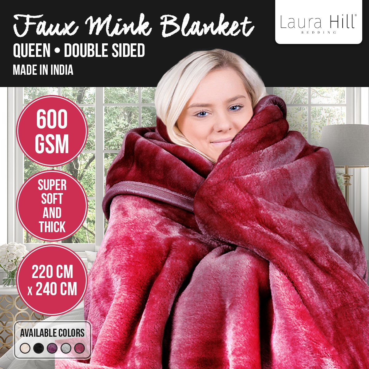 Laura Hill 220 X 240cm Mink Blanket Double Sided Queen Bed Faux Throw Rug 600GSM - Picture 14 of 16
