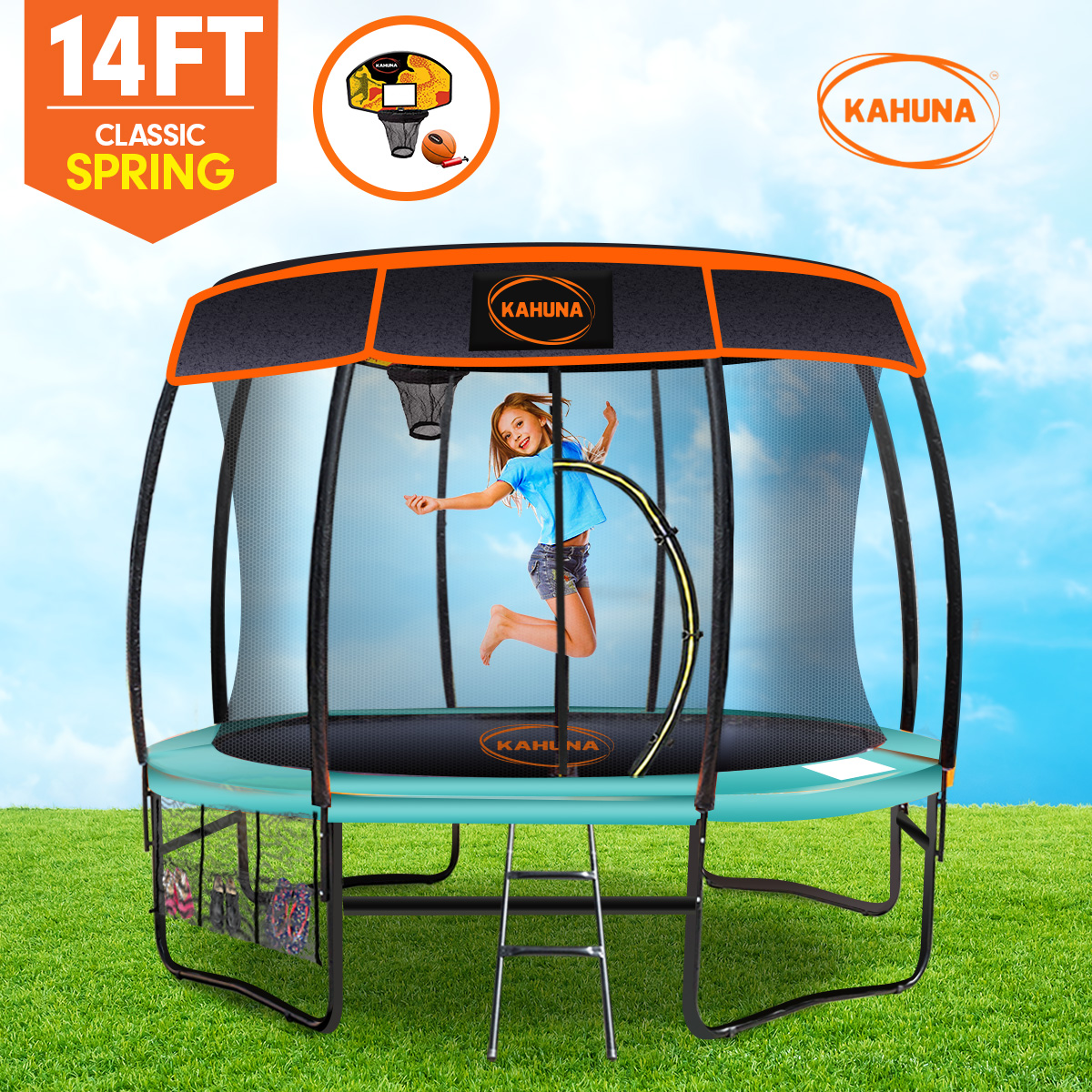 Kahuna 14ft Trampoline Free Safety Net Spring Pad Cover Mat Roof Basketball Set - Picture 12 of 16