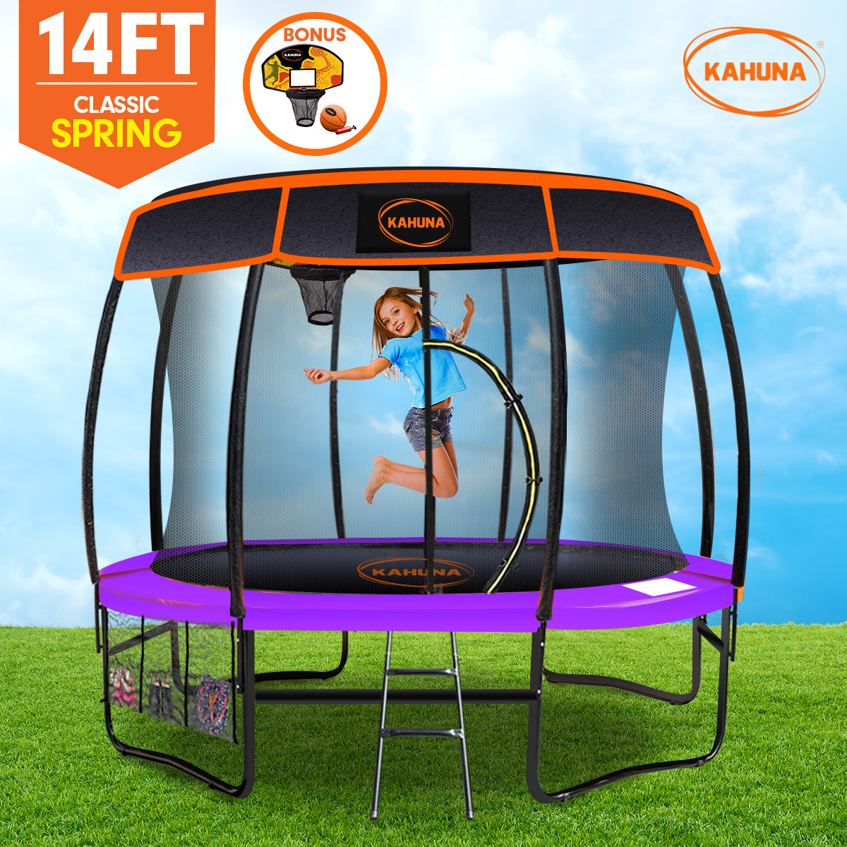 Kahuna 14ft Trampoline Free Safety Net Spring Pad Cover Mat Roof Basketball Set - Picture 14 of 16