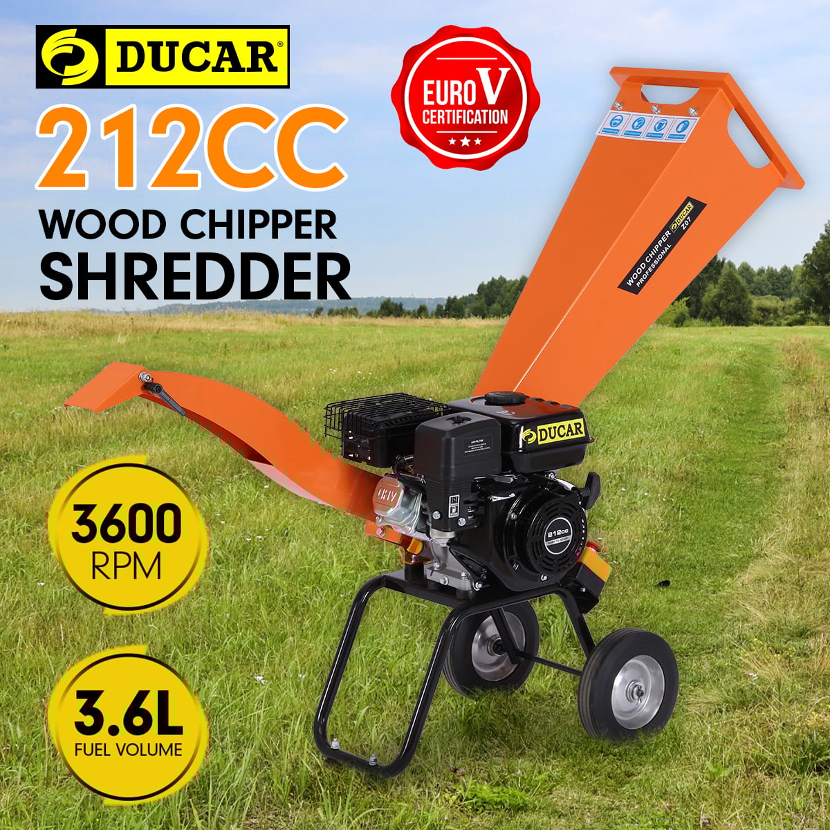 Ducar Wood Chipper Shredder Mulcher Garden 7HP Petrol Motor Upright