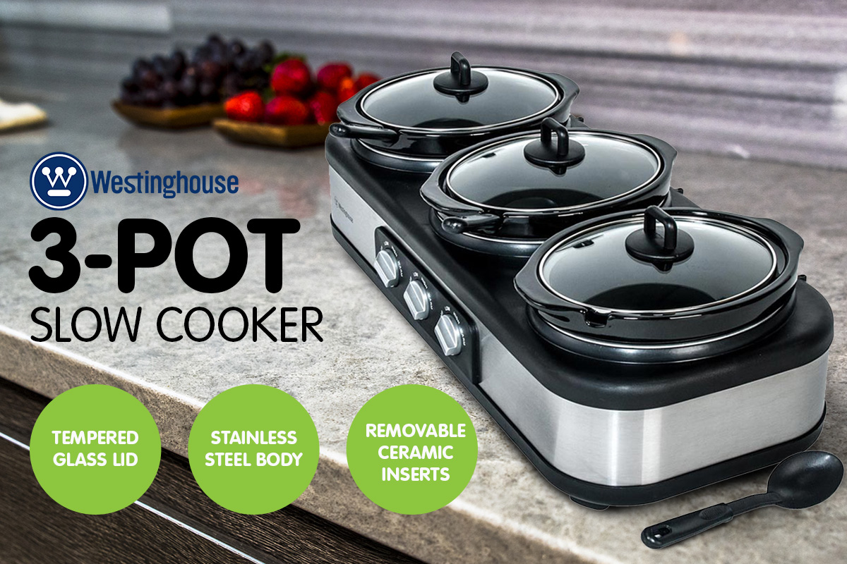 New Westinghouse 3 Pot Slow Cooker Heater Stainless Steel Kitchen 7.5L