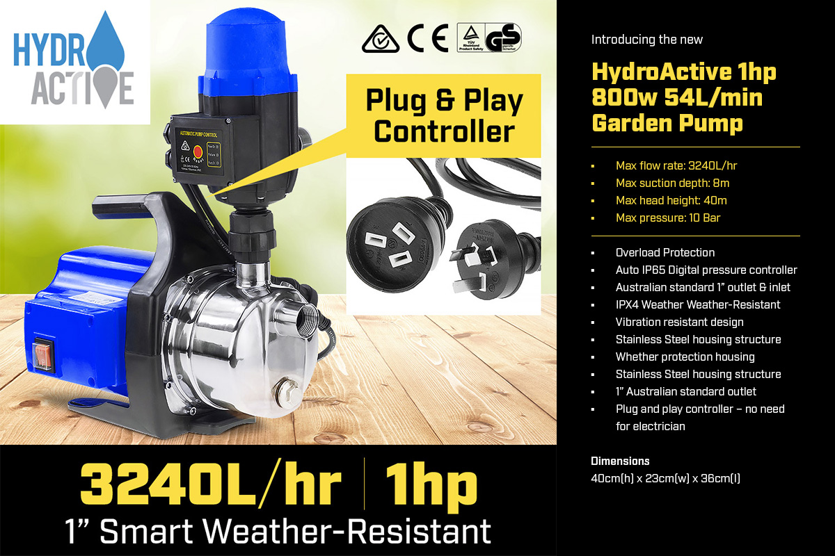 Hydro Active 800w Weatherised Stainless Auto Water Pump Blue with free