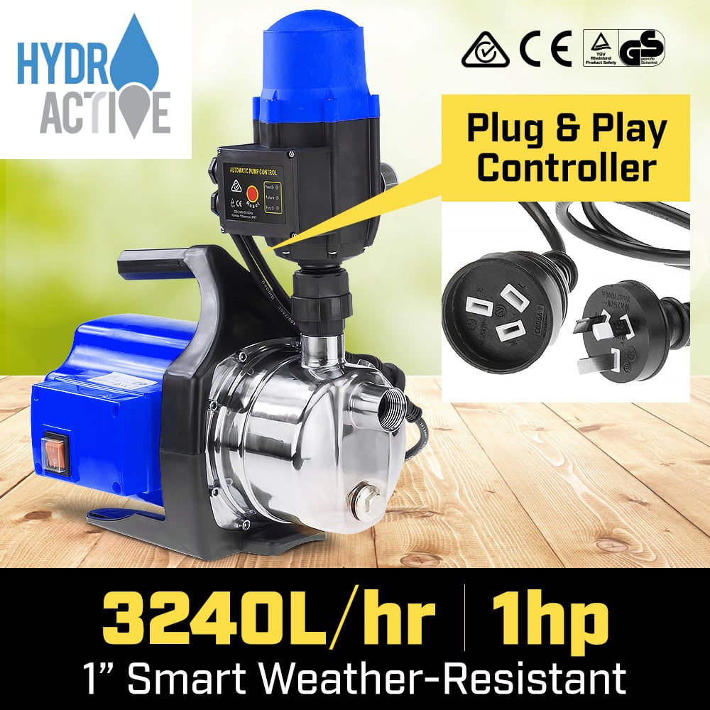 Hydro Active 800w Weatherised Stainless Auto Water Pump Blue with free